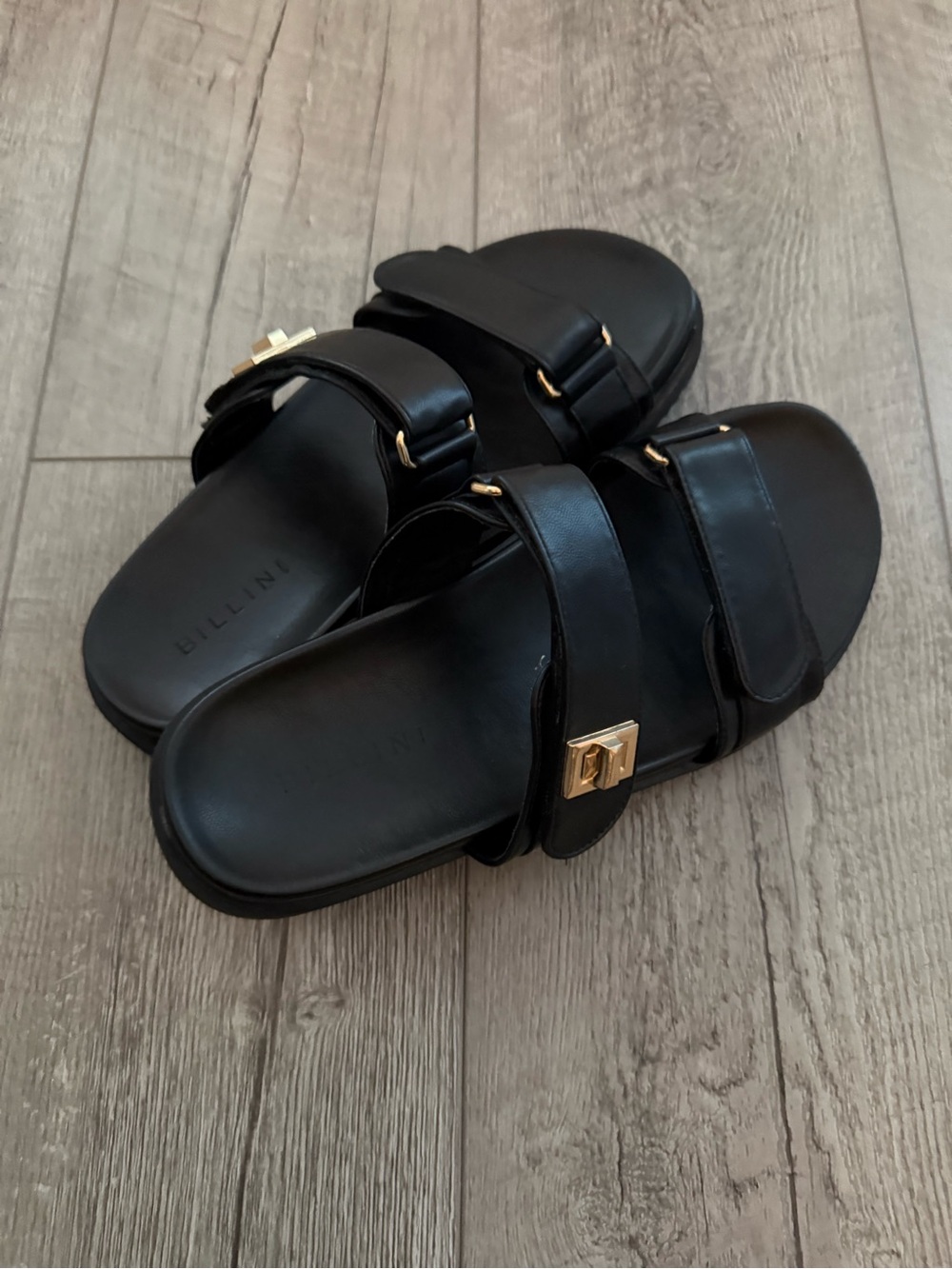Billini Black Double-Strap Slide Sandals with Gold Buckles